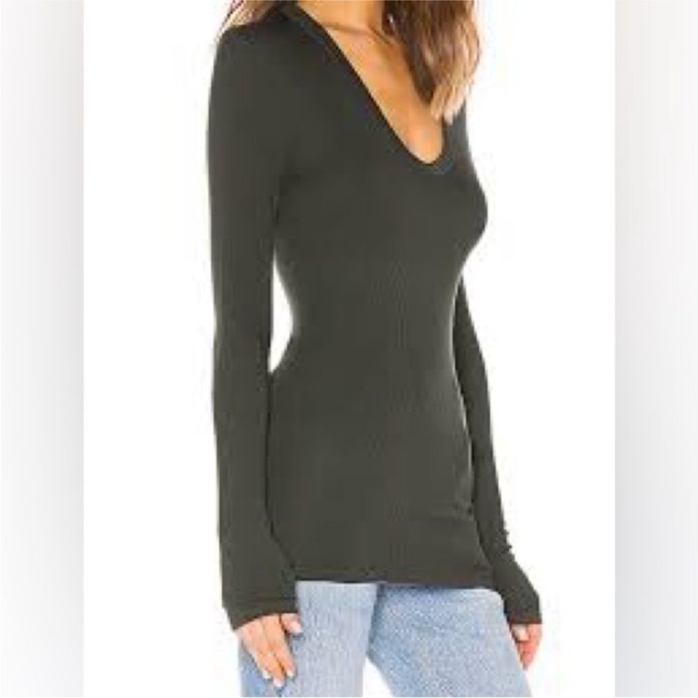 ENZA COSTA Silk Rib Fitted Long Sleeve  top Green  Small